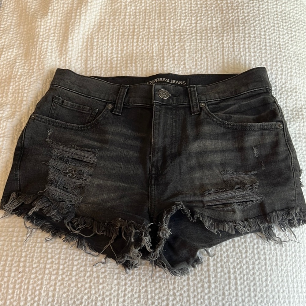 Express washed black ripped denim shorts